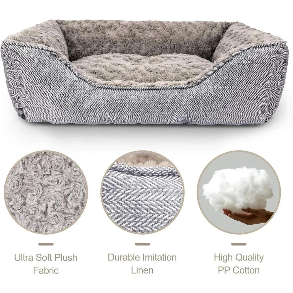 Dog 30'' Grey Wood Linen Soft Washable Rectangle Anti-Slip Bottom Sleeping Bed